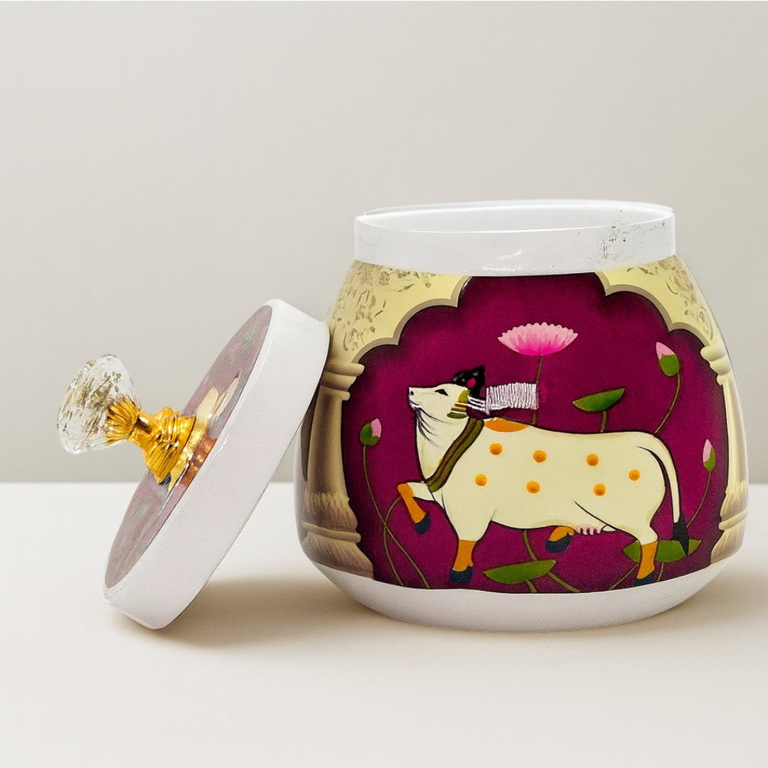 Premium Metal Storage Jar | Cow & Lotus Design | Metal Storage Jar with Decorative Knob Lid