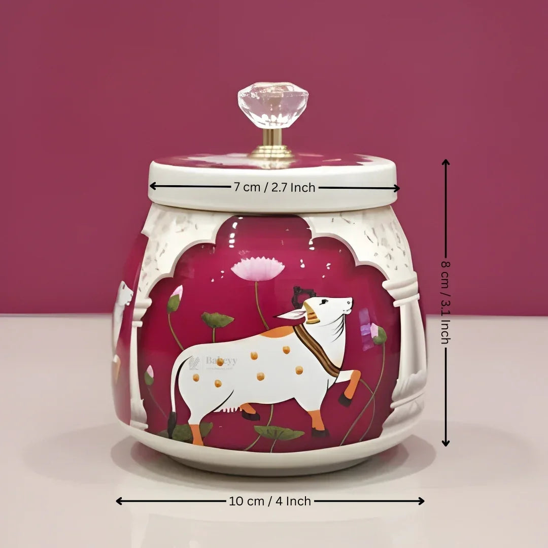 Premium Metal Storage Jar | Cow & Lotus Design | Metal Storage Jar with Decorative Knob Lid - Bakeyy.com - India - Premium Metal Storage Jar | Cow & Lotus Design | Metal Storage Jar with Decorative Knob Lid - Default Title 185.00