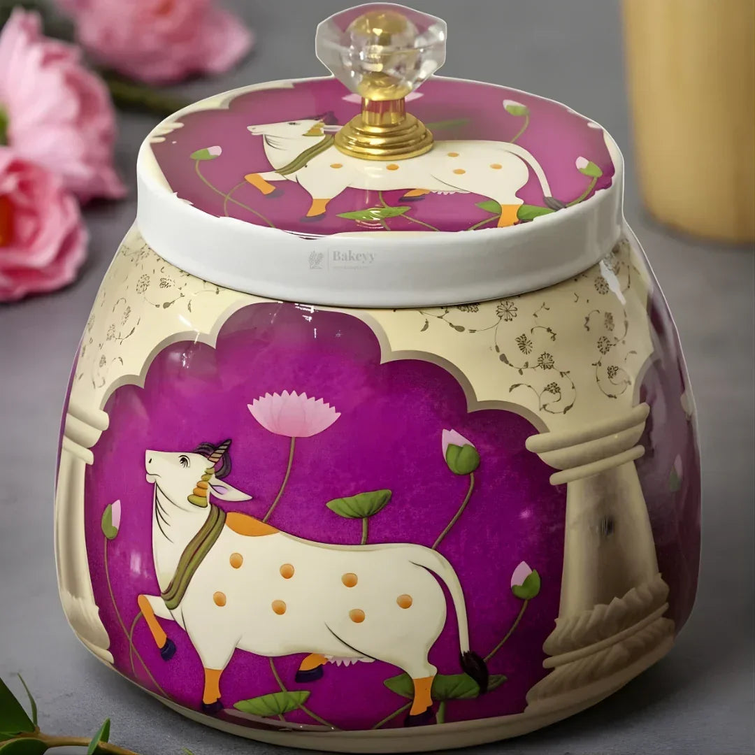 Premium Metal Storage Jar | Cow & Lotus Design | Metal Storage Jar with Decorative Knob Lid - Bakeyy.com - India - Premium Metal Storage Jar | Cow & Lotus Design | Metal Storage Jar with Decorative Knob Lid - Default Title 185.00