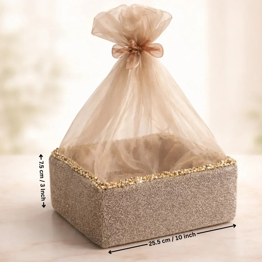 Gold shimmer net basket with bow, ideal for gift packaging or hampers, 25.5x7.5 cm, Bakeyy