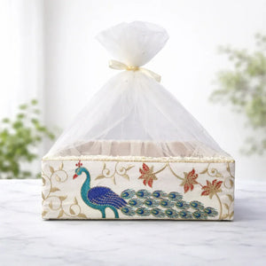 Peacock Embroidered Premium Gift Box with Net | Luxury Festive & Wedding Hamper Box With Matching Ribbon | Pack of 1 - Bakeyy.com - India - Peacock Embroidered Premium Gift Box with Net | Luxury Festive & Wedding Hamper Box With Matching Ribbon | Pack of 1 - Small 360.00