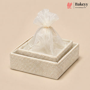 Silver Crystal Mesh Gifting Tray with Ivory Net Cover and Tassel Accents | Luxury Hamper for Special Occasions