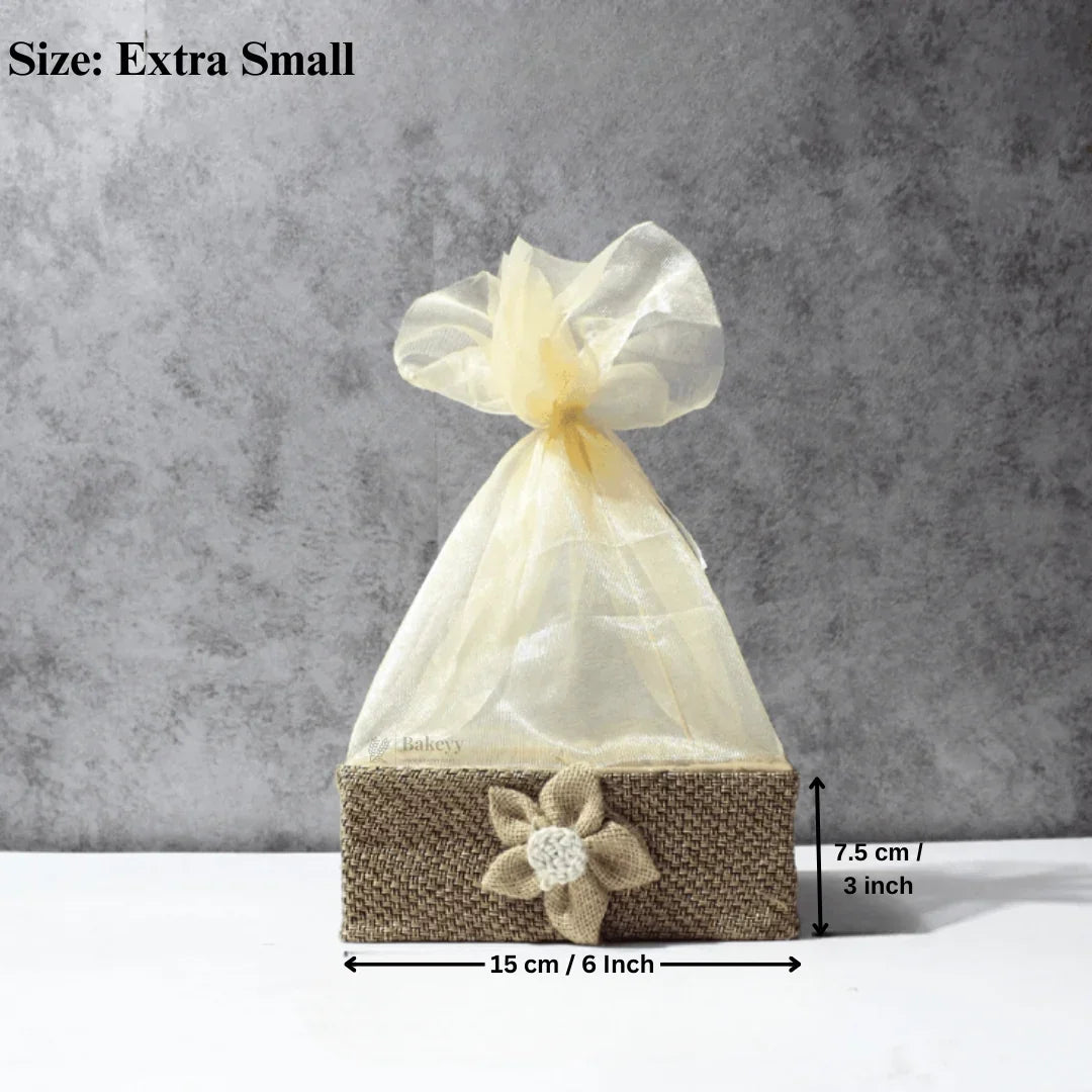 Extra small jute gift basket with beige net cover and flower ornament, Bakeyy hamper packaging