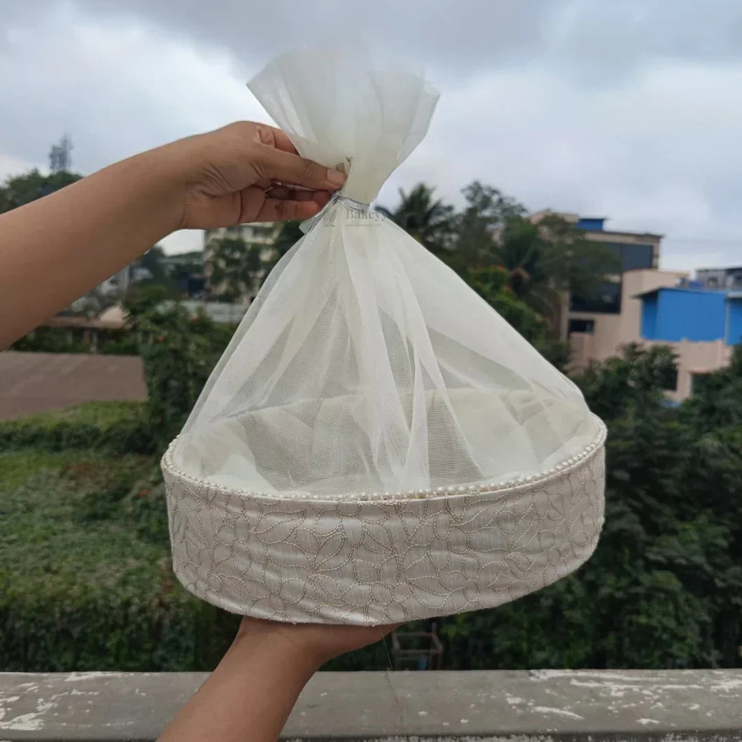Elegant Oval Fabric Gift Basket with Net Cover | Premium Hamper Base for Luxury Gifting With Matching Ribbon | Pack of 1 - Bakeyy.com - India - Elegant Oval Fabric Gift Basket with Net Cover | Premium Hamper Base for Luxury Gifting With Matching Ribbon | Pack of 1 - Default Title 360.00
