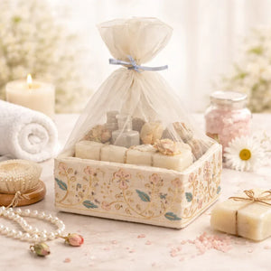 Elegant Square Fabric Gift Basket with Net Cover | Floral Embroidered Hamper Base for Luxury Gifting With Matching Ribbon | Pack of 1 - Bakeyy.com - India - Elegant Square Fabric Gift Basket with Net Cover | Floral Embroidered Hamper Base for Luxury Gifting With Matching Ribbon | Pack of 1 - Small 250.00