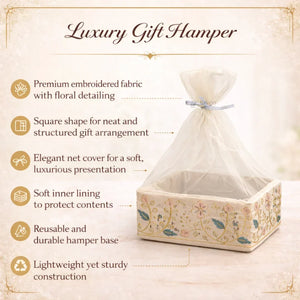 Elegant Square Fabric Gift Basket with Net Cover | Floral Embroidered Hamper Base for Luxury Gifting With Matching Ribbon | Pack of 1 - Bakeyy.com - India - Elegant Square Fabric Gift Basket with Net Cover | Floral Embroidered Hamper Base for Luxury Gifting With Matching Ribbon | Pack of 1 - Small 250.00