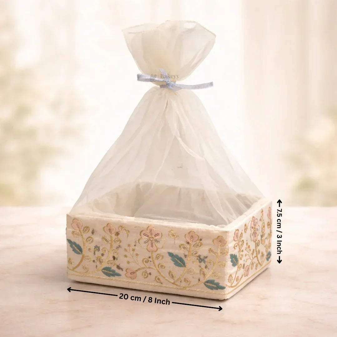 Elegant Square Fabric Gift Basket with Net Cover | Floral Embroidered Hamper Base for Luxury Gifting With Matching Ribbon | Pack of 1 - Bakeyy.com - India - Elegant Square Fabric Gift Basket with Net Cover | Floral Embroidered Hamper Base for Luxury Gifting With Matching Ribbon | Pack of 1 - Small 250.00