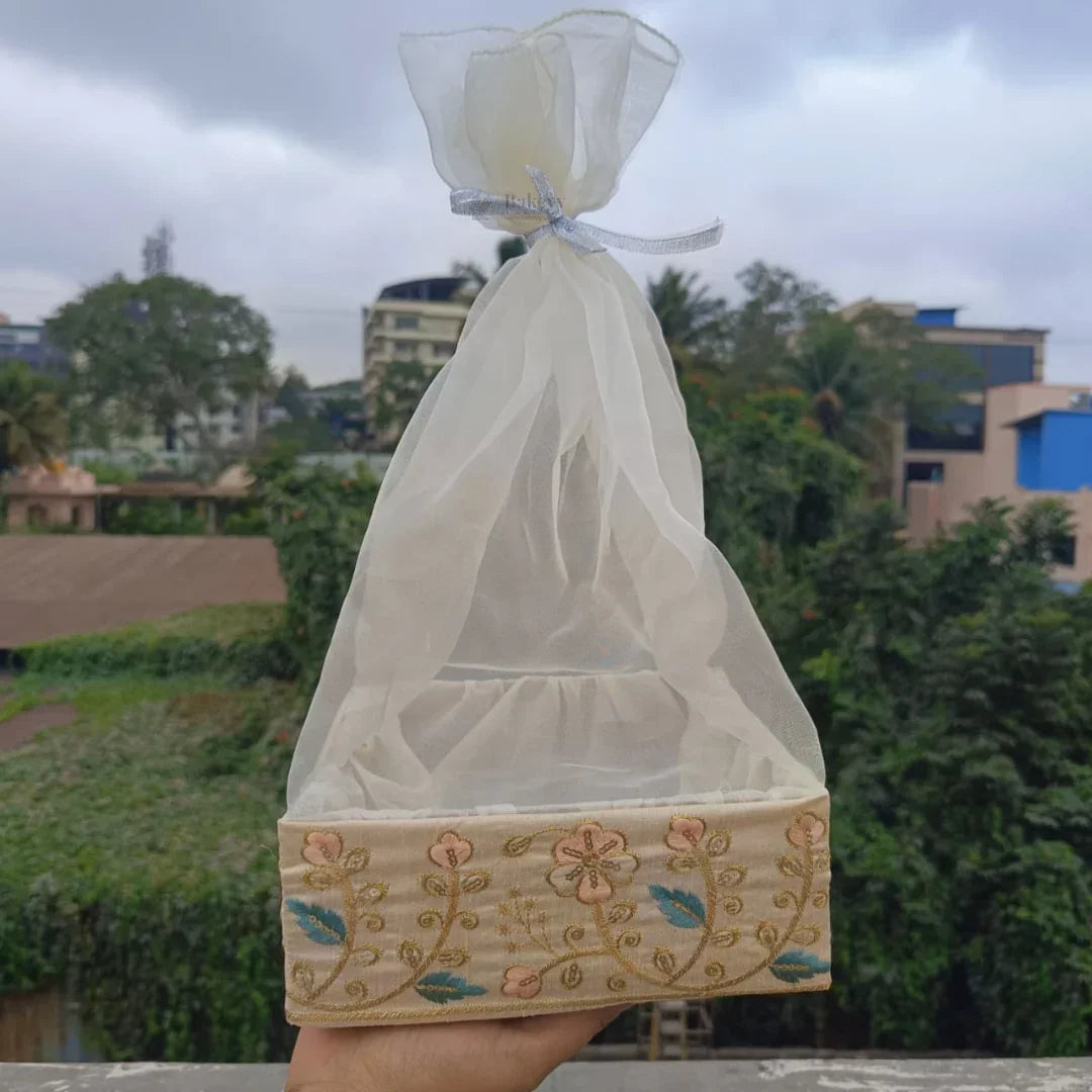 Elegant Square Fabric Gift Basket with Net Cover | Floral Embroidered Hamper Base for Luxury Gifting With Matching Ribbon | Pack of 1 - Bakeyy.com - India - Elegant Square Fabric Gift Basket with Net Cover | Floral Embroidered Hamper Base for Luxury Gifting With Matching Ribbon | Pack of 1 - Small 250.00