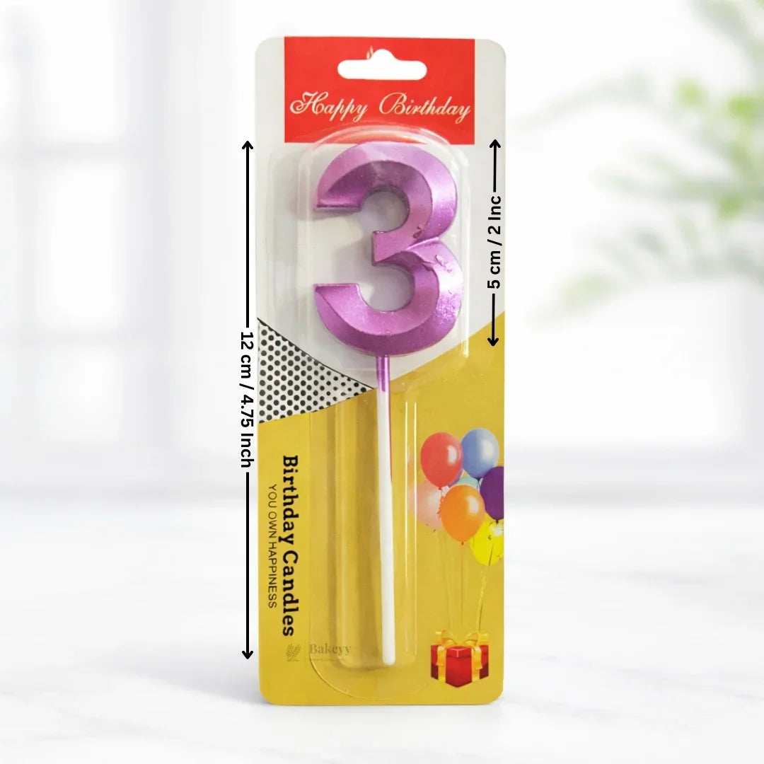 Bakeyy purple number 3 birthday candle in packaging with balloons, perfect for cakes