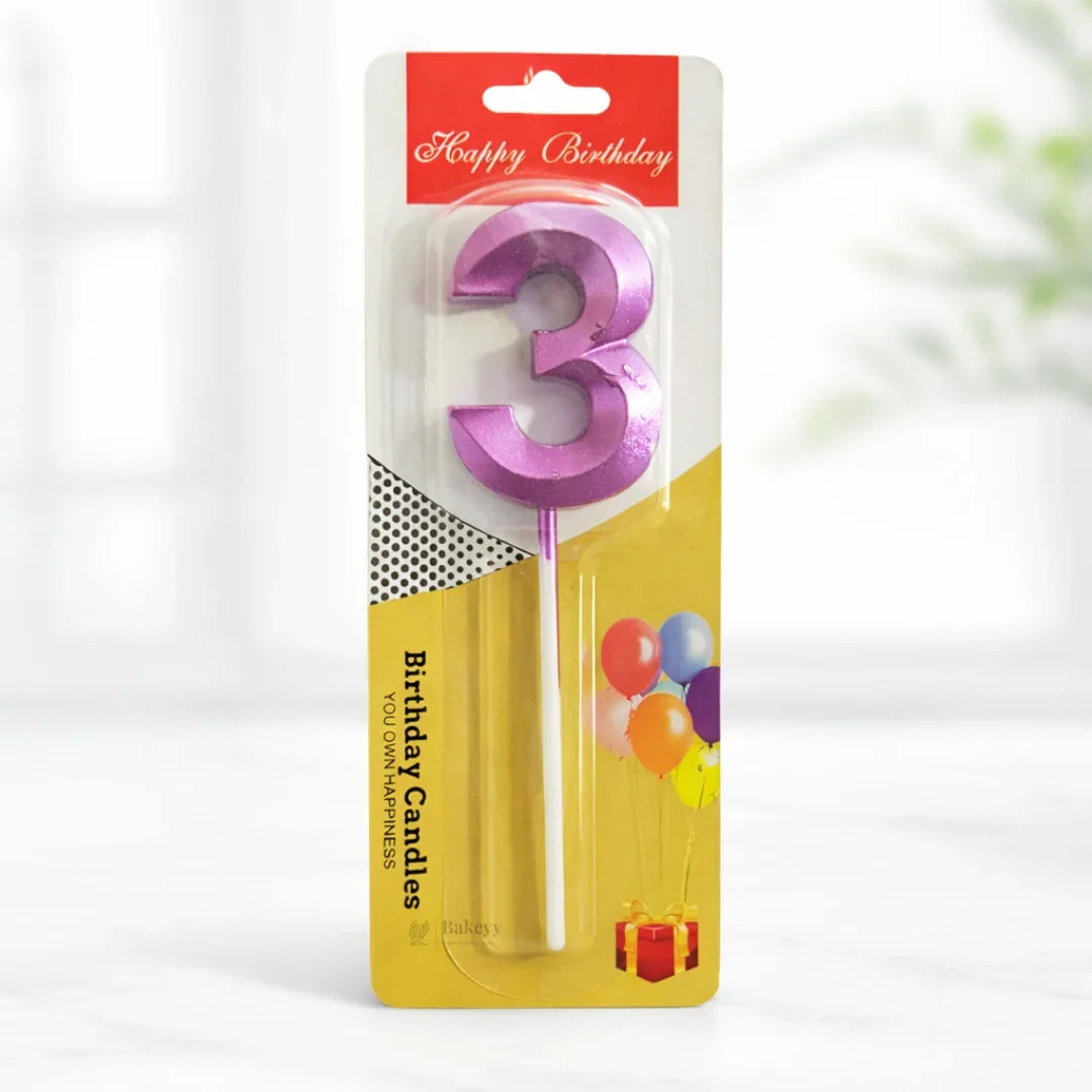 Bakeyy purple number 3 birthday candle in festive packaging with balloons, baking supplies India