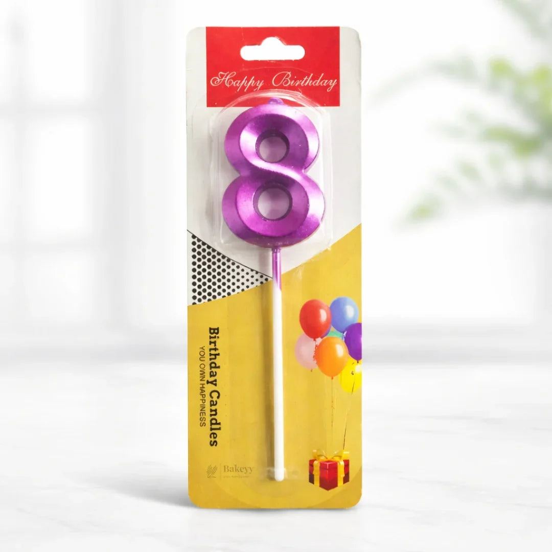 Purple number 8 birthday candle in Bakeyy packaging with balloons and gift design.