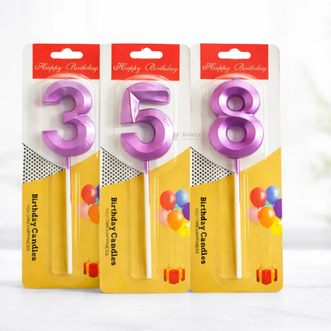 Purple number birthday candles 3, 5, 8 in Bakeyy gift packaging for cakes and celebrations
