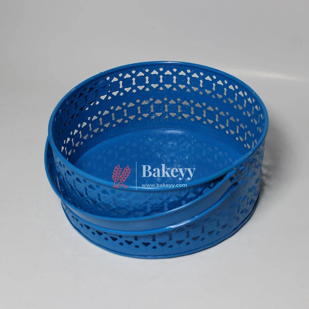 Hamper Basket For Gifting Round | Elegant & Durable Blue Metal Hamper Basket with Handle | Blue Colour - Bakeyy.com - India - Hamper Basket For Gifting Round | Elegant & Durable Blue Metal Hamper Basket with Handle | Blue Colour - Default Title