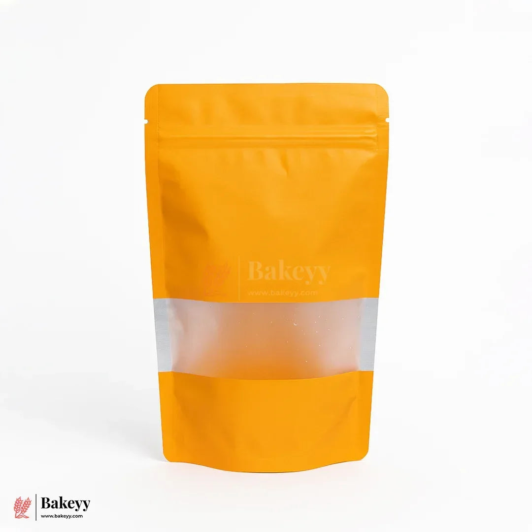 250 gm | Zip Lock Pouch | Orange Color With Window | 13x22 CM | Standing Pouch | 110 GSM | Pack of 100