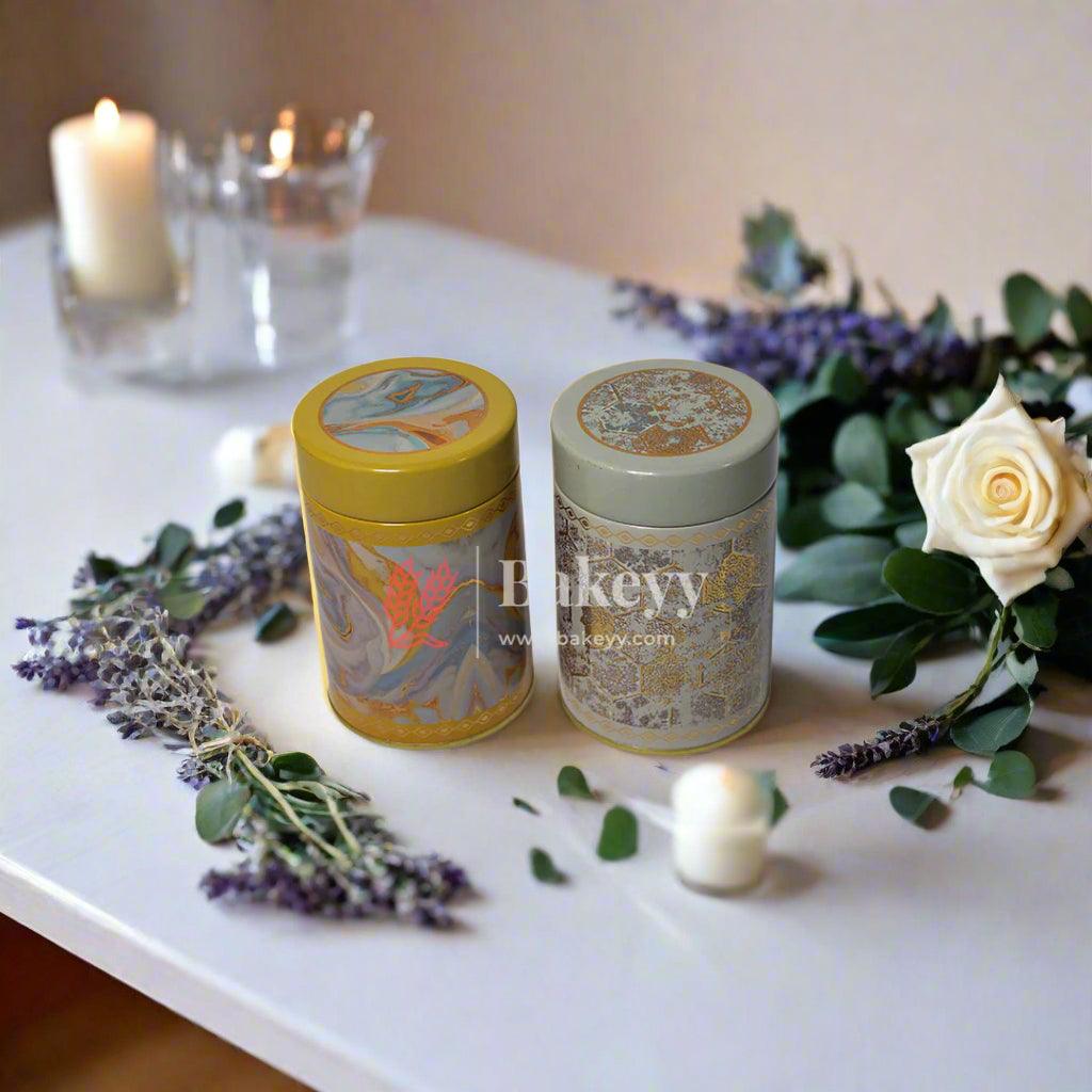 15x7cm | Elegant Marble-Print Yellow Storage Jar with Royal Indian Design | Gray and Gold Hexagonal Pattern Storage Jar | Pack of 4 - Bakeyy.com - India - 15x7cm | Elegant Marble-Print Yellow Storage Jar with Royal Indian Design | Gray and Gold Hexagonal Pattern Storage Jar | Pack of 4 - Design 1