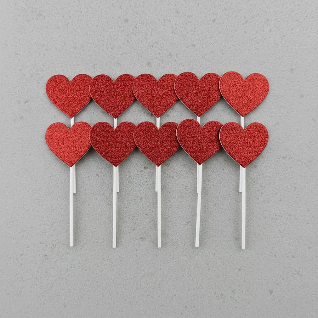 Glitter Heart Cake Topper Set | Premium Sparkle Picks for Cakes, Cupcakes & Desserts | Pack of 10