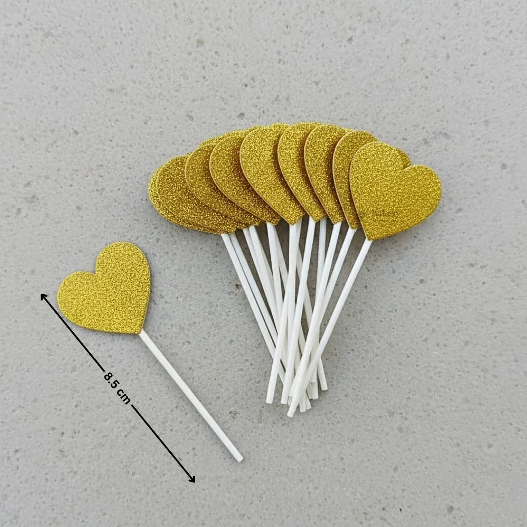 Glitter Heart Cake Topper Set | Premium Sparkle Picks for Cakes, Cupcakes & Desserts | Pack of 10