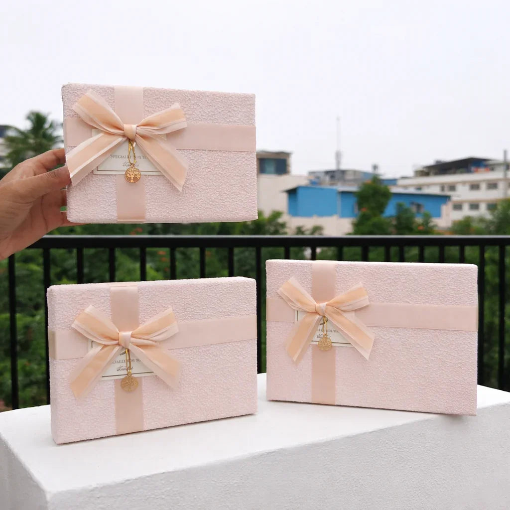 peach Textured Luxury Gift Box | Premium Rigid Hamper Gift Box with Lid & Ribbon | 3 Sizes Available | pack of 1