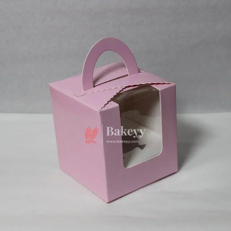 1 -Cupcak Box with Handle | Pink Colour | With Front Window | - Bakeyy.com - India - 1 -Cupcak Box with Handle | Pink Colour | With Front Window | - Pack of 10