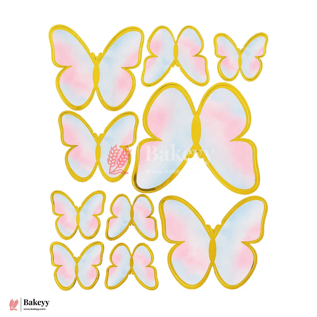 Baby Pink , Sky Blue & Gold Foil Outline | Butterfly Toppers | Elegant Decoration for Cakes, Cupcakes & Desserts | Set of 10