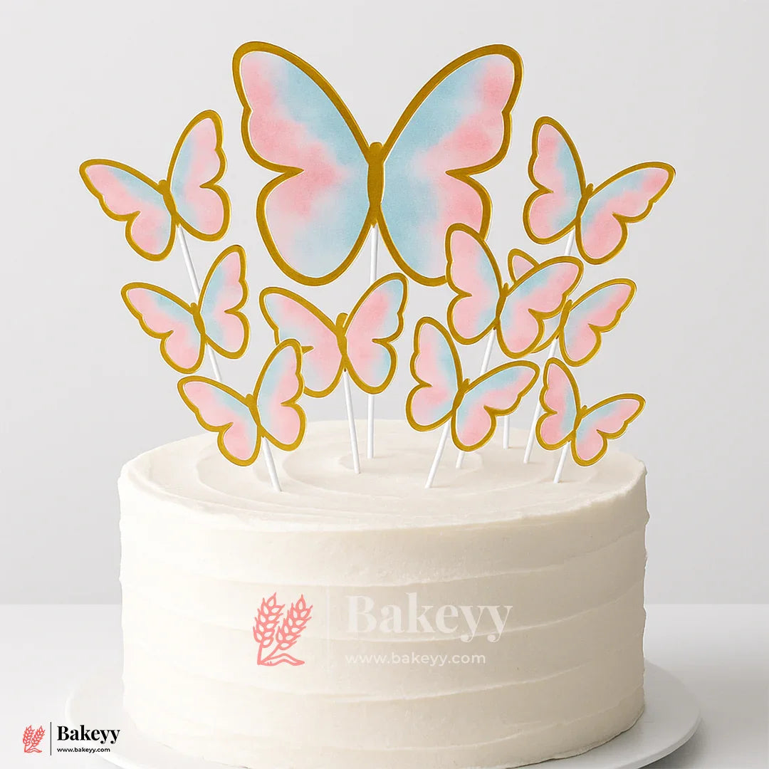Baby Pink , Sky Blue & Gold Foil Outline | Butterfly Toppers | Elegant Decoration for Cakes, Cupcakes & Desserts | Set of 10