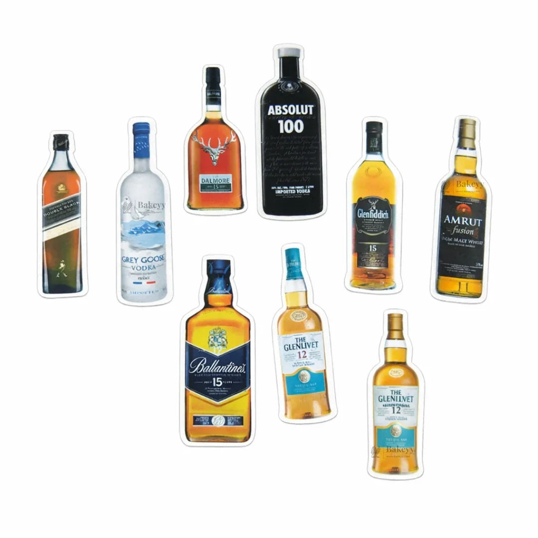 Precut edible wafer sheet with printed assorted liquor bottle designs from Bakeyy.com baking supplies.
