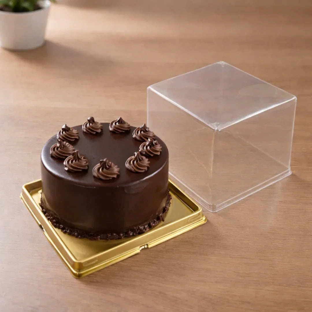 ransparent Cake Box with Gold Base – Premium Clear Lid Cake Packaging| Pack of 50