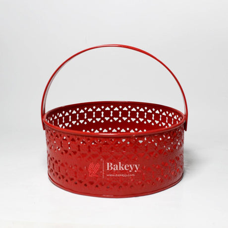 Hamper Basket For Gifting Round | Elegant & Durable Red Metal Hamper Basket with Handle | Red Colour - Bakeyy.com - India - Hamper Basket For Gifting Round | Elegant & Durable Red Metal Hamper Basket with Handle | Red Colour - Default Title