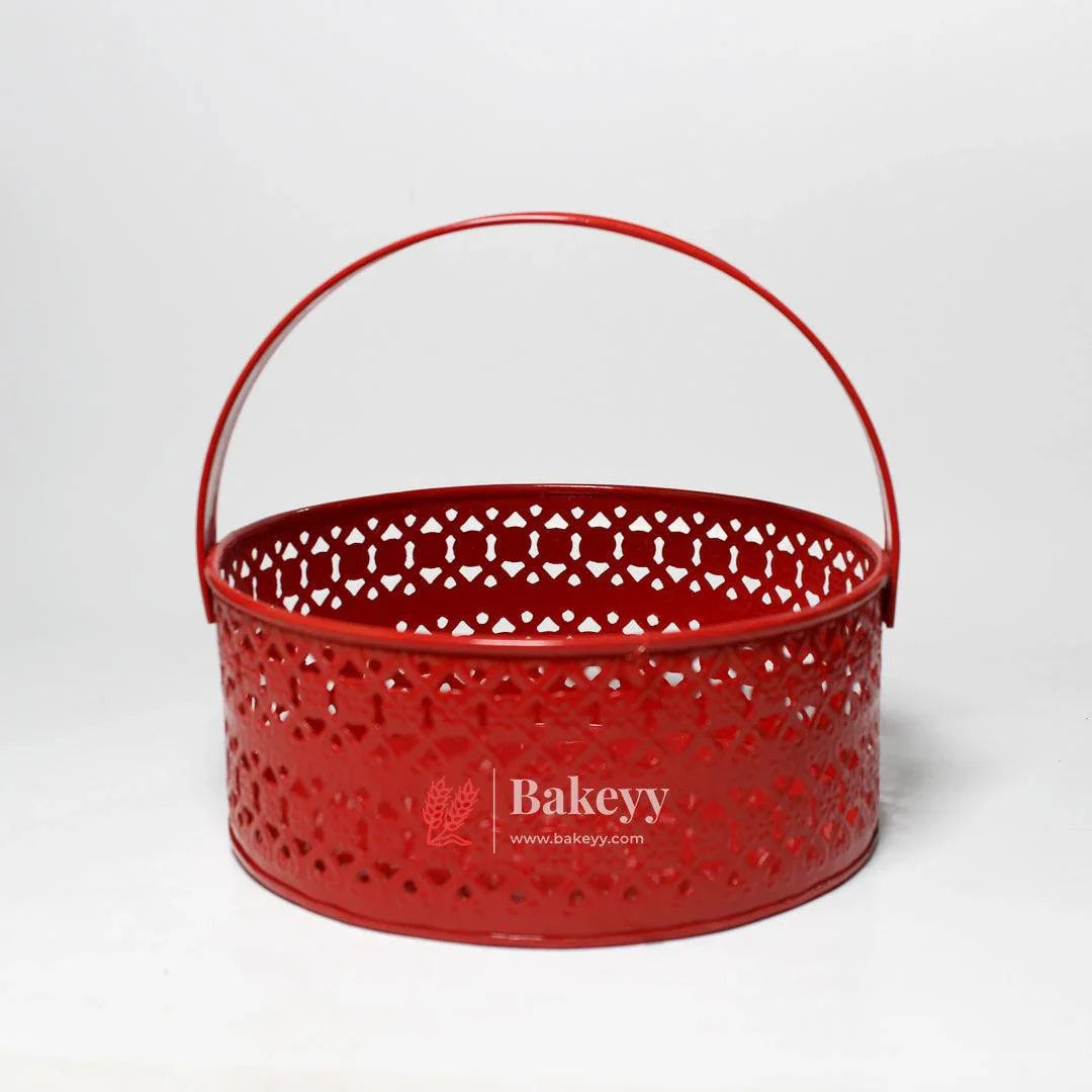 Hamper Basket For Gifting Round | Elegant & Durable Red Metal Hamper Basket with Handle | Red Colour - Bakeyy.com - India - Hamper Basket For Gifting Round | Elegant & Durable Red Metal Hamper Basket with Handle | Red Colour - Default Title