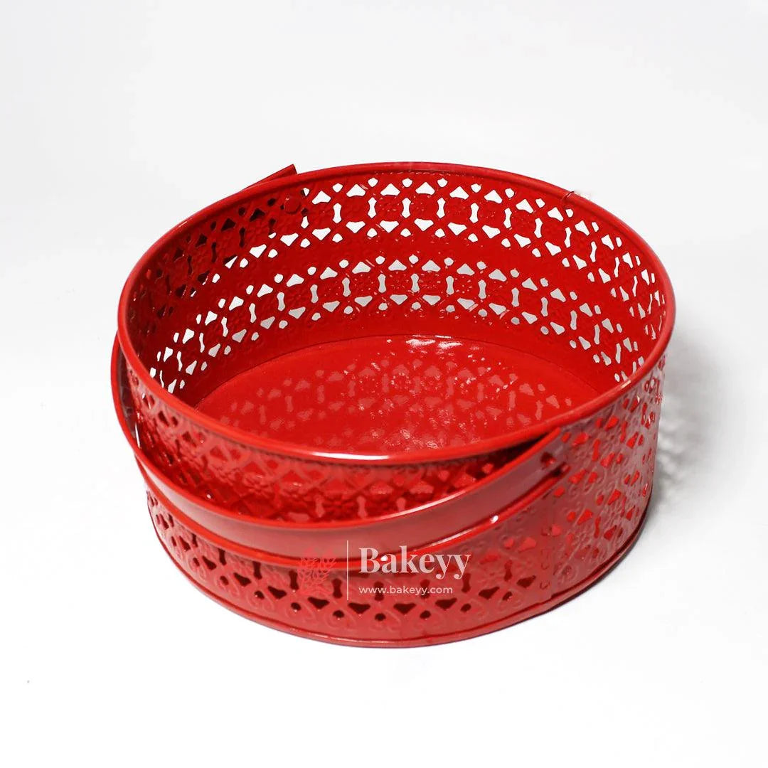 Hamper Basket For Gifting Round | Elegant & Durable Red Metal Hamper Basket with Handle | Red Colour - Bakeyy.com - India - Hamper Basket For Gifting Round | Elegant & Durable Red Metal Hamper Basket with Handle | Red Colour - Default Title