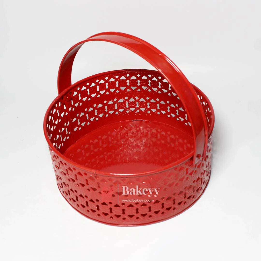 Hamper Basket For Gifting Round | Elegant & Durable Red Metal Hamper Basket with Handle | Red Colour - Bakeyy.com - India - Hamper Basket For Gifting Round | Elegant & Durable Red Metal Hamper Basket with Handle | Red Colour - Default Title