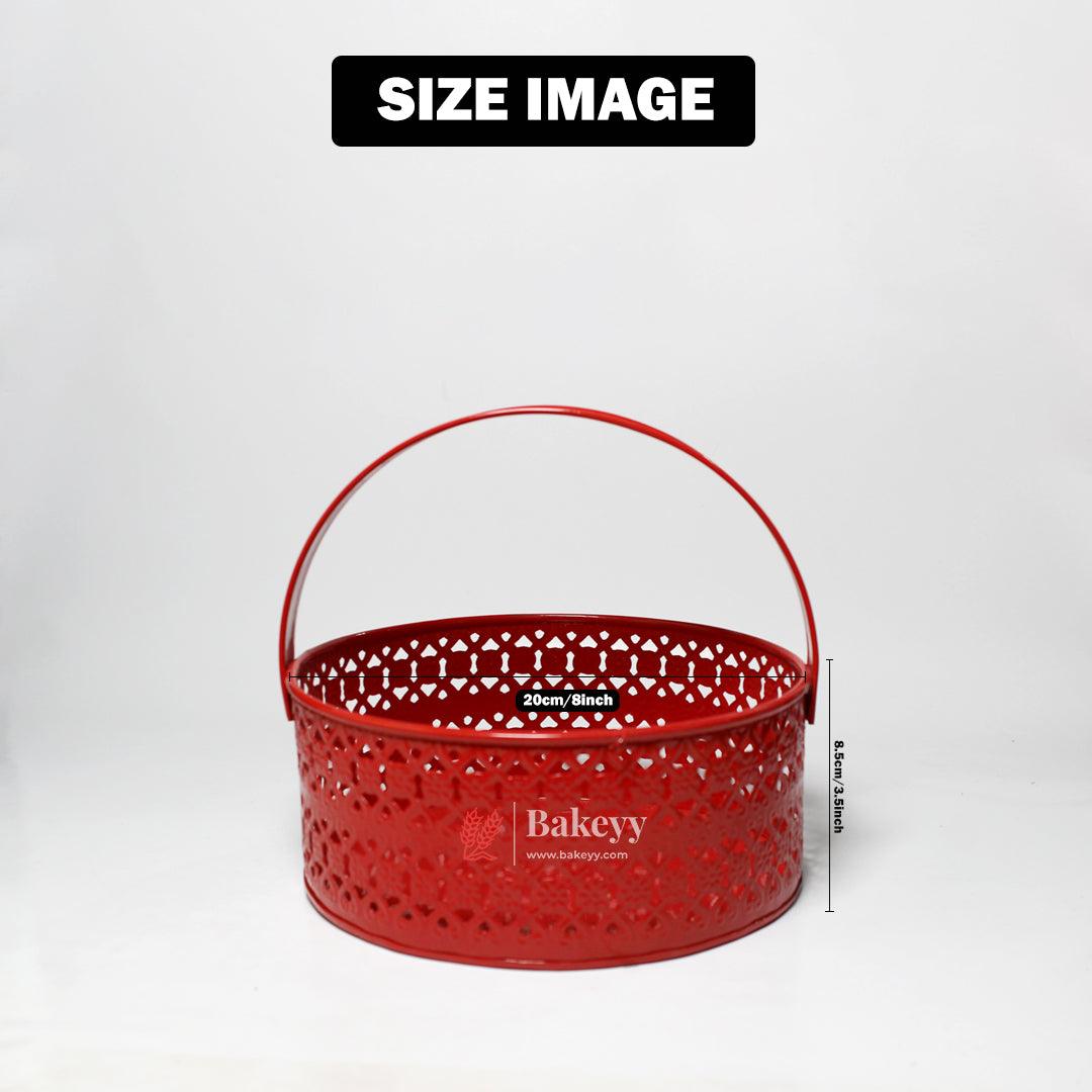 Hamper Basket For Gifting Round | Elegant & Durable Red Metal Hamper Basket with Handle | Red Colour - Bakeyy.com - India - Hamper Basket For Gifting Round | Elegant & Durable Red Metal Hamper Basket with Handle | Red Colour - Default Title