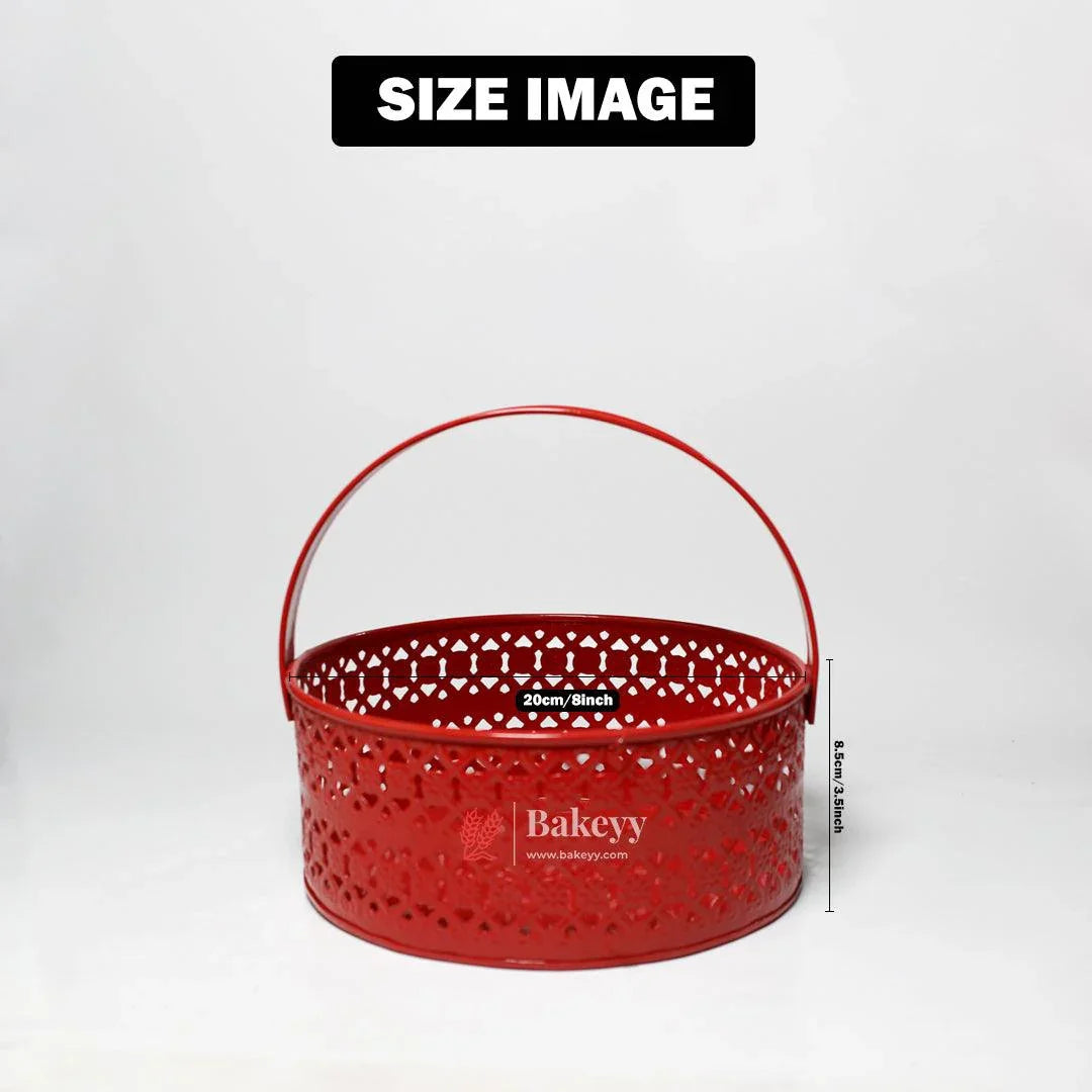 Hamper Basket For Gifting Round | Elegant & Durable Red Metal Hamper Basket with Handle | Red Colour - Bakeyy.com - India - Hamper Basket For Gifting Round | Elegant & Durable Red Metal Hamper Basket with Handle | Red Colour - Default Title
