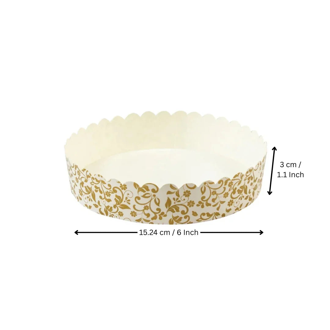 Round bake and serve paper mould with gold floral design, 6 inch, from Bakeyy baking supplies