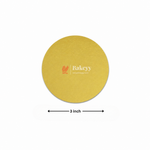 Yellow round mat with 'Bakeyy' logo and measurement label on a white background