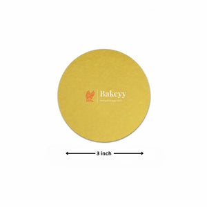 Yellow round mat with 'Bakeyy' logo and measurement label on a white background