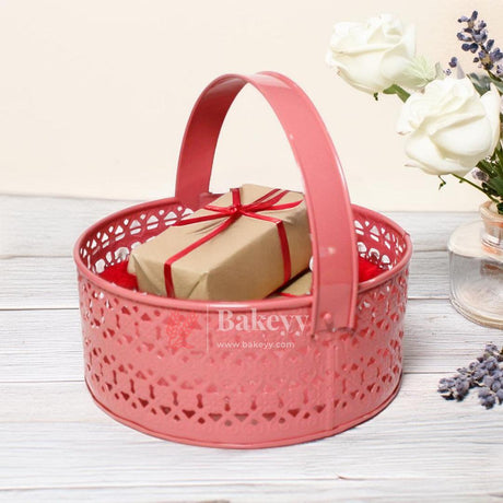 Hamper Basket For Gifting Round | Elegant & Durable Pink Metal Hamper Basket with Handle | Pink Colour - Bakeyy.com - India - Hamper Basket For Gifting Round | Elegant & Durable Pink Metal Hamper Basket with Handle | Pink Colour - Default Title