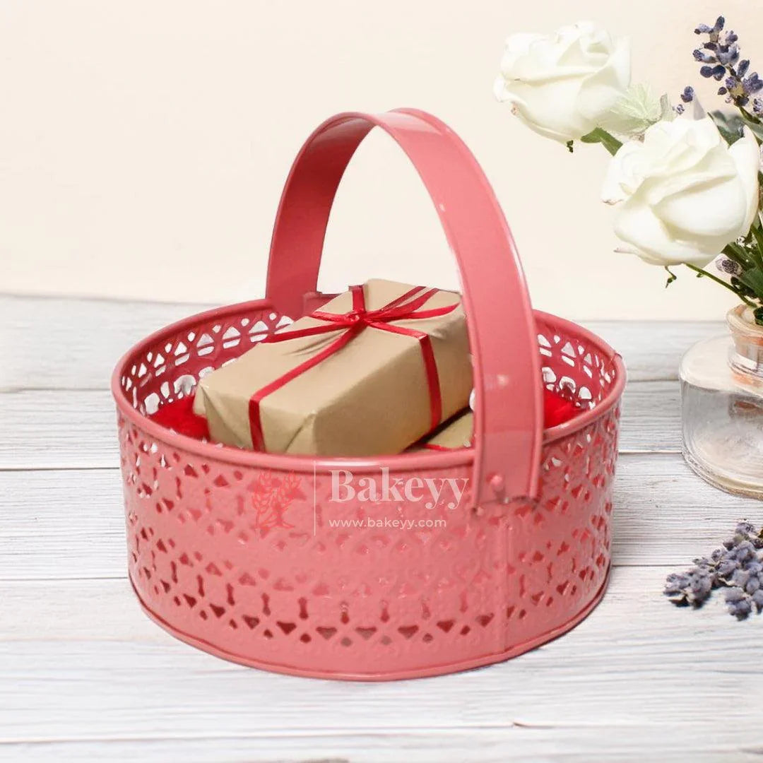 Hamper Basket For Gifting Round | Elegant & Durable Pink Metal Hamper Basket with Handle | Pink Colour - Bakeyy.com - India - Hamper Basket For Gifting Round | Elegant & Durable Pink Metal Hamper Basket with Handle | Pink Colour - Default Title
