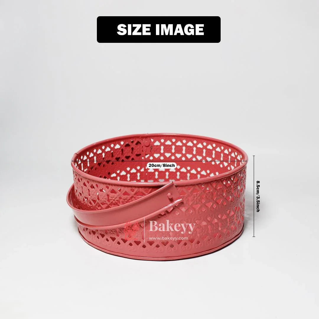 Hamper Basket For Gifting Round | Elegant & Durable Pink Metal Hamper Basket with Handle | Pink Colour - Bakeyy.com - India - Hamper Basket For Gifting Round | Elegant & Durable Pink Metal Hamper Basket with Handle | Pink Colour - Default Title