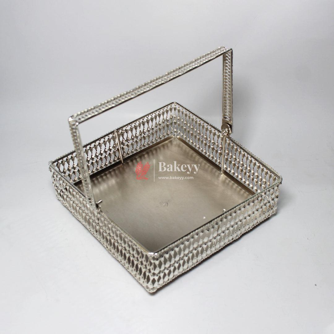 8 Inch Elegant Silver-Plated Square Basket with Handle | Premium Multipurpose Decorative Tray - Bakeyy.com - India - 8 Inch Elegant Silver-Plated Square Basket with Handle | Premium Multipurpose Decorative Tray - Default Title