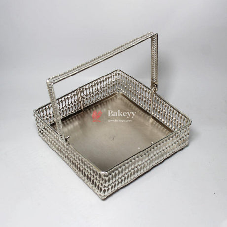 8 Inch Elegant Silver-Plated Square Basket with Handle | Premium Multipurpose Decorative Tray - Bakeyy.com - India - 8 Inch Elegant Silver-Plated Square Basket with Handle | Premium Multipurpose Decorative Tray - Default Title