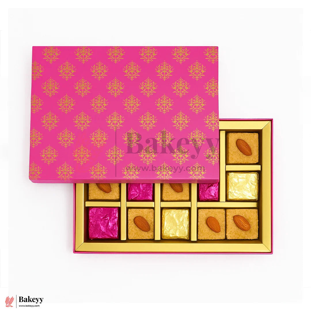 One Kg Sweet Box | 10.5x7.5x1.5 Inch |  Royal Pink & Gold Sweet Box with Golden Tray 1 Piece