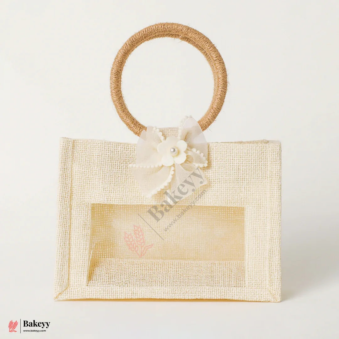 8x6x4 Inch Premium 2 Jar Jute Gift Bag with Transparent Window & Floral Accent – Pack Of 1