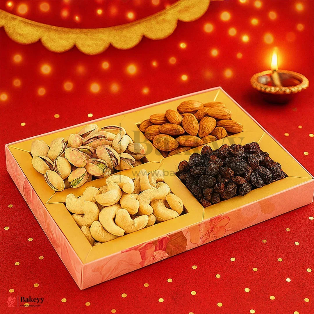 25x25x2.5 cm | Delicious Delight 4-Cavity Dry Fruit Gift Box | Decorative Festive Packaging | Pack of 10 - Bakeyy.com - India - 25x25x2.5 cm | Delicious Delight 4-Cavity Dry Fruit Gift Box | Decorative Festive Packaging | Pack of 10 - Default Title
