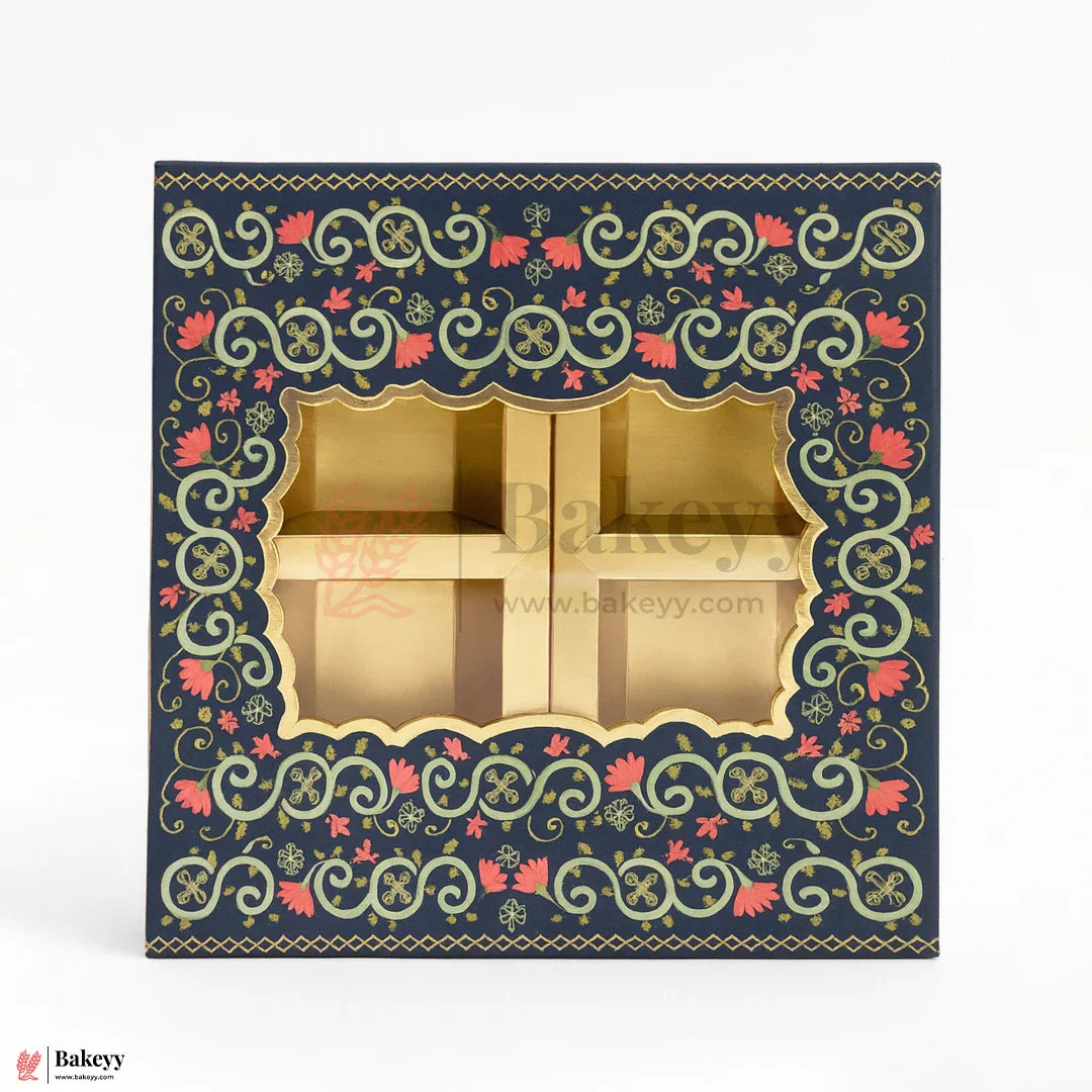 4 Cavity | Rigid Dry Fruit Box | Elegant Festive Hamper Box with Window Lid | Elegant Floral Design | Pack Of 1