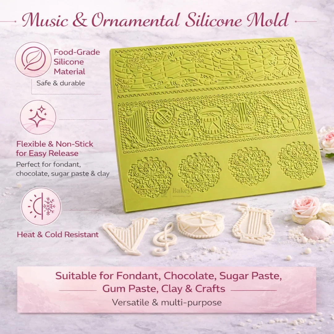 Music Theme Silicone Lace Mould | Craft Mould | Cake Border & Decor Mould | Food-Grade Silicone | Pack of 1