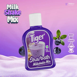 Bottle of Tiger Sharbath Milkshake Mix with blueberries on a purple gradient background