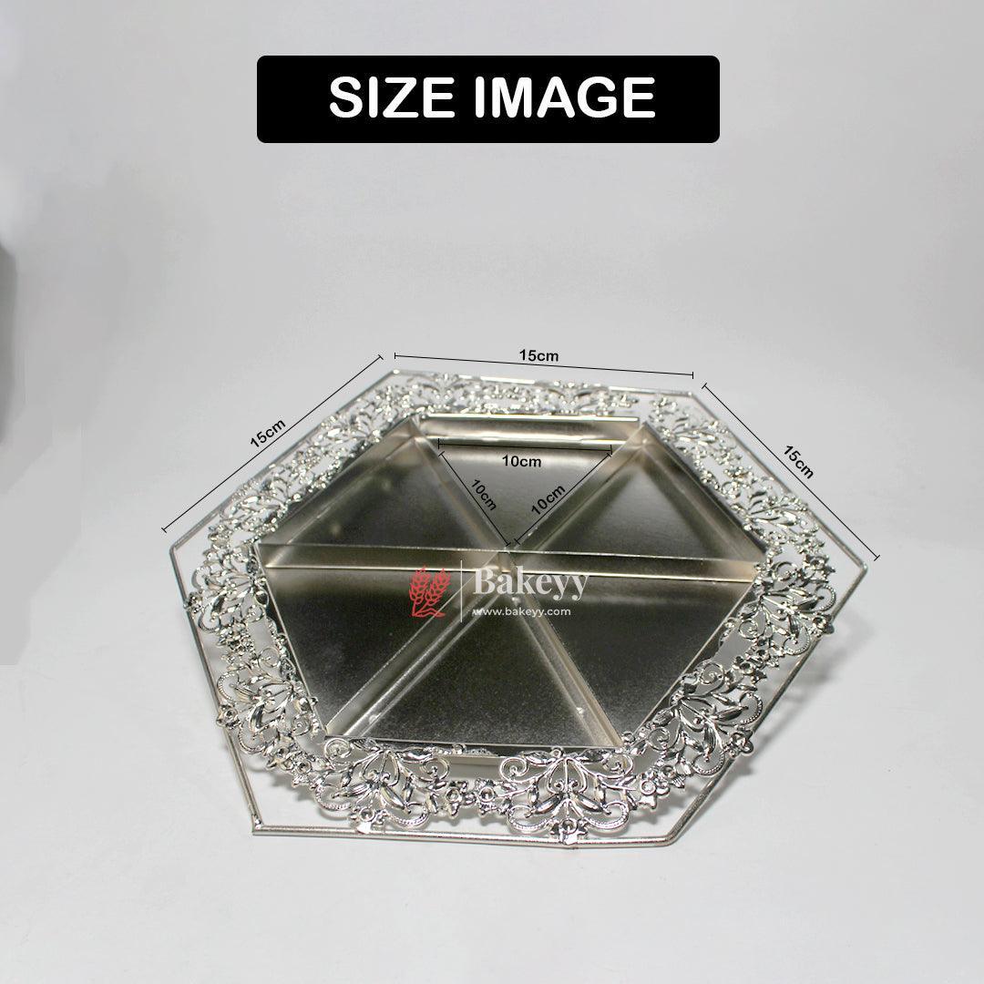 10 inch| Luxurious Hexagonal Metal Serving Tray with Elegant Floral Design | Luxurious Silver-Plated Metal Dry Fruit Tray - Bakeyy.com - India - 10 inch| Luxurious Hexagonal Metal Serving Tray with Elegant Floral Design | Luxurious Silver-Plated Metal Dry Fruit Tray - Default Title