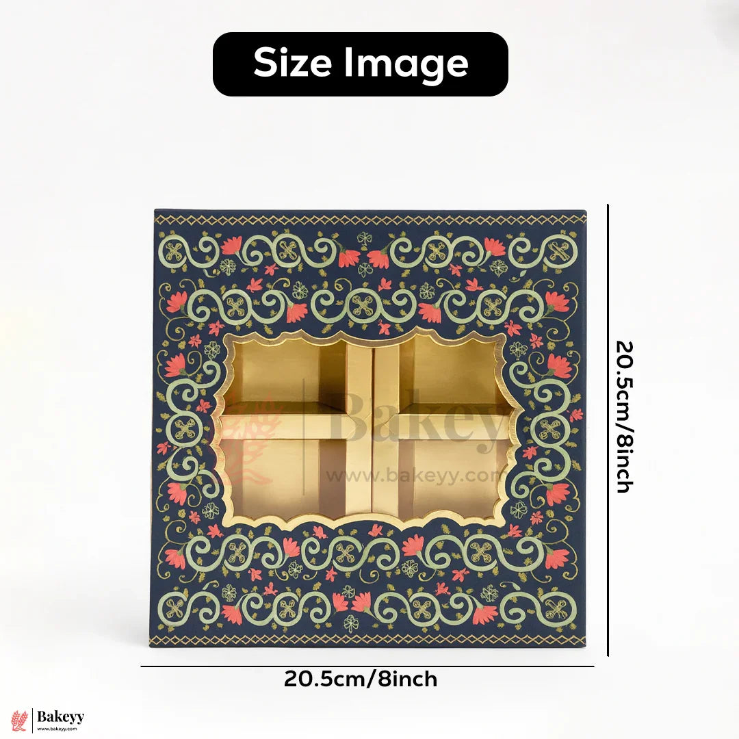 4 Cavity | Rigid Dry Fruit Box | Elegant Festive Hamper Box with Window Lid | Elegant Floral Design | Pack Of 1