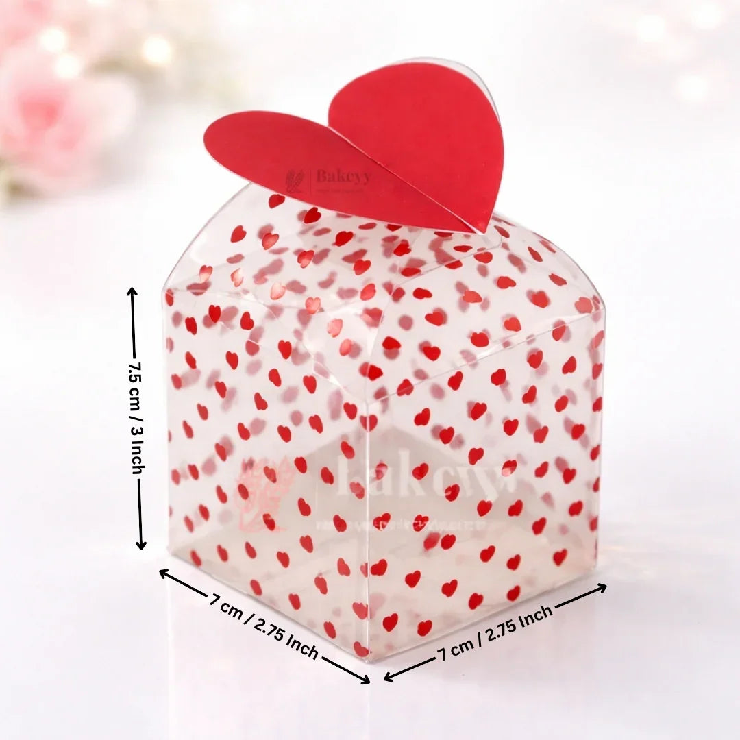 Small clear gift box with red hearts, heart-shaped lid, perfect for bakery packaging, Bakeyy.